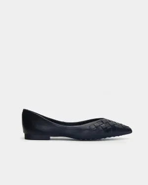 Black Leather Woven Pointed toe Flats