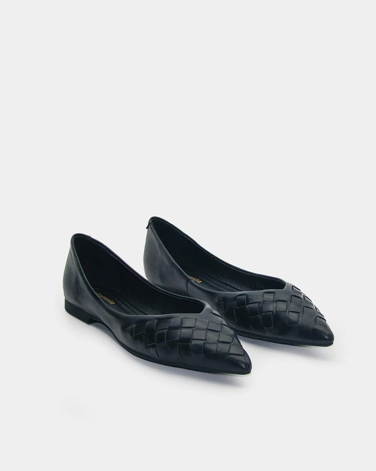 Black Leather Woven Pointed toe Flats