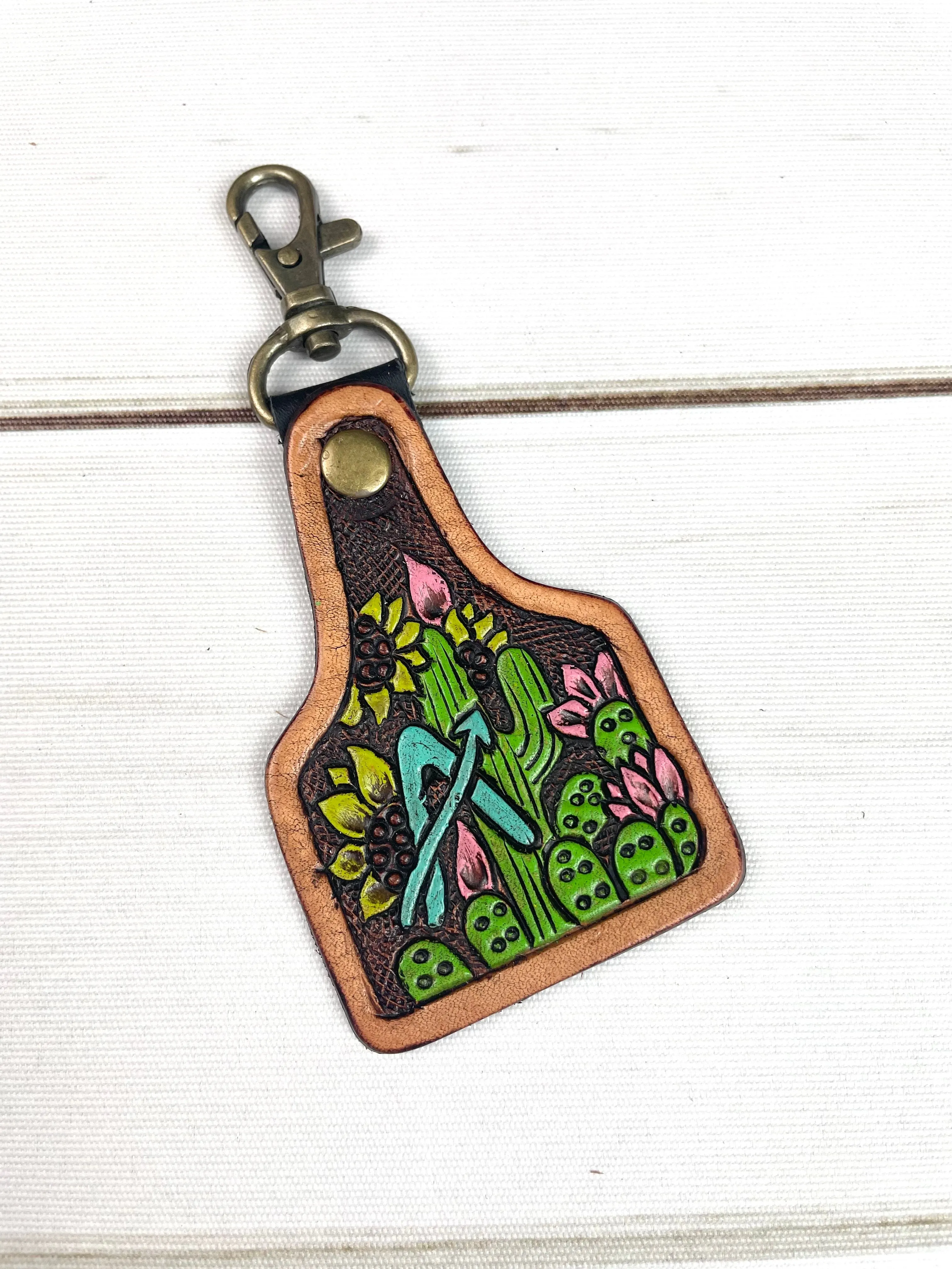 Cactus Blossom Leather Key Tag