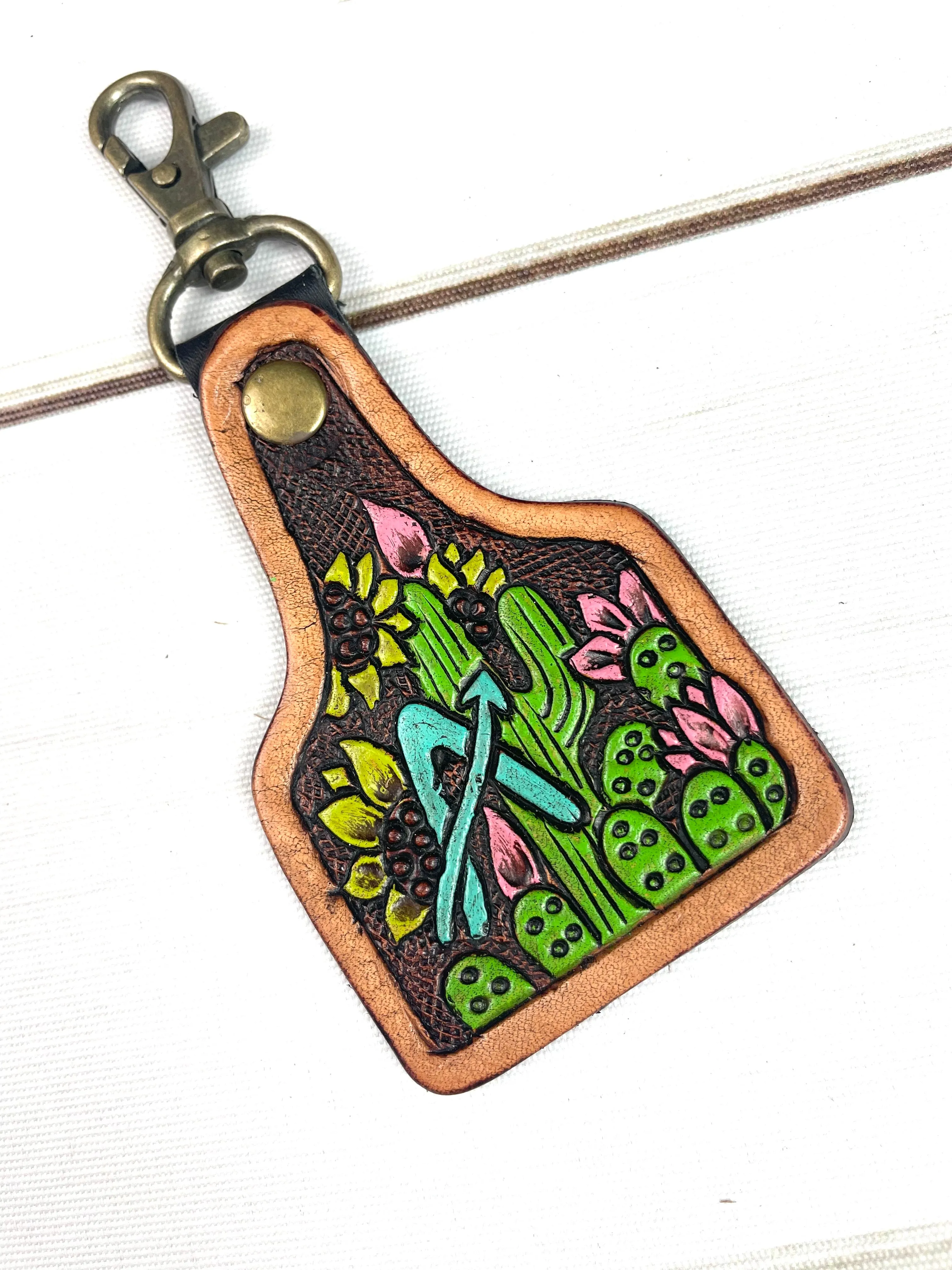 Cactus Blossom Leather Key Tag