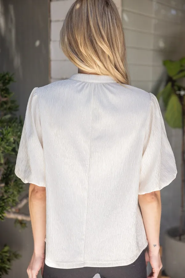 Casually Sweet Ribbon Tie Bubble Sleeve Top