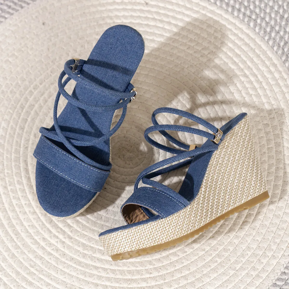 Chic Denim Open Toe Wedge Sandals