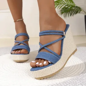 Chic Denim Open Toe Wedge Sandals