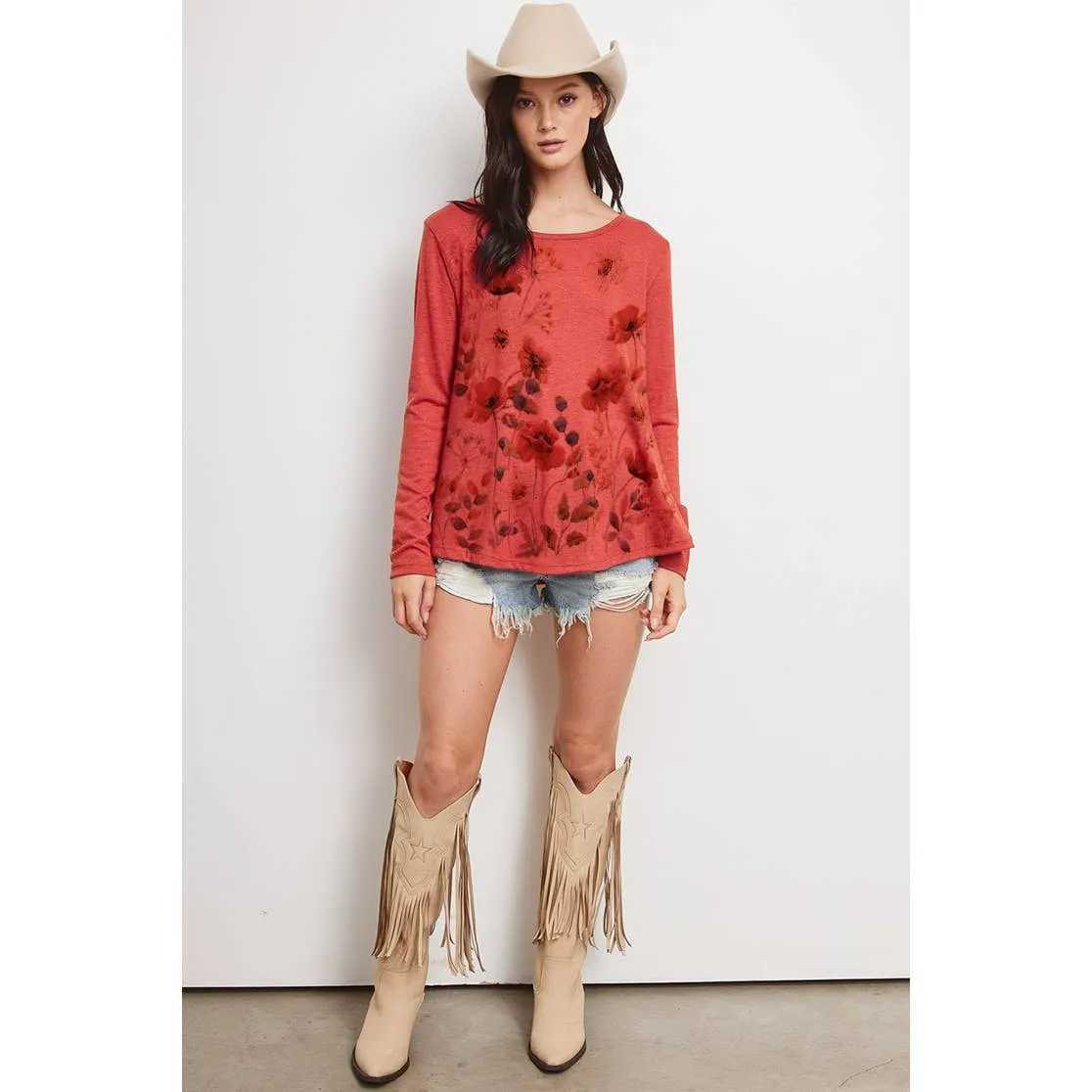 Flower Print Boat Neck Long Sleeve Top