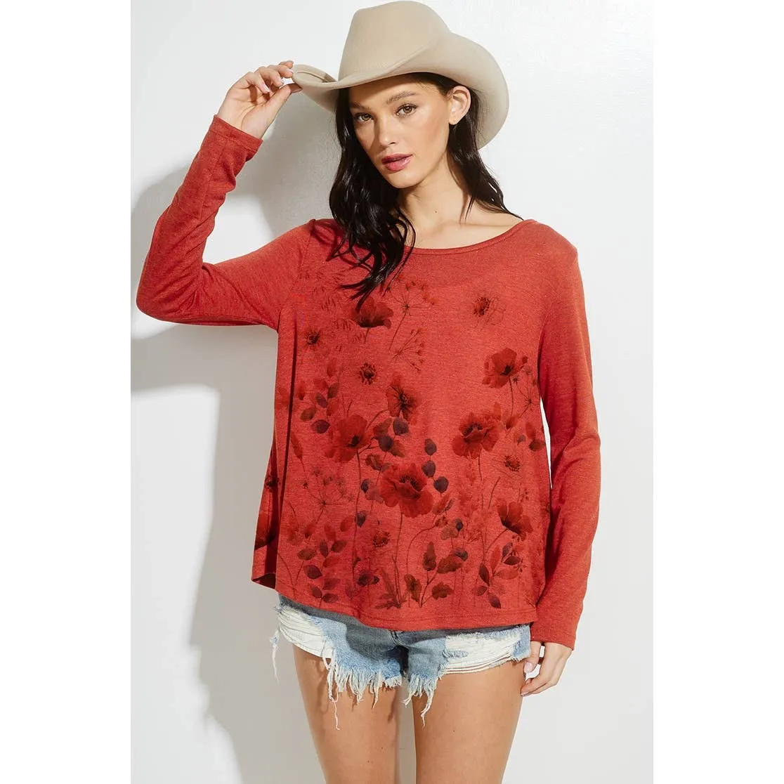 Flower Print Boat Neck Long Sleeve Top