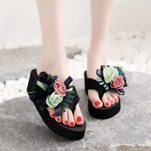 Flower Wedge Platform Flip Flops for Beach Fashion