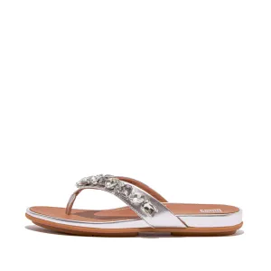 Gracie Jewel-Deluxe Metallic-Leather Flip-Flops in Silver