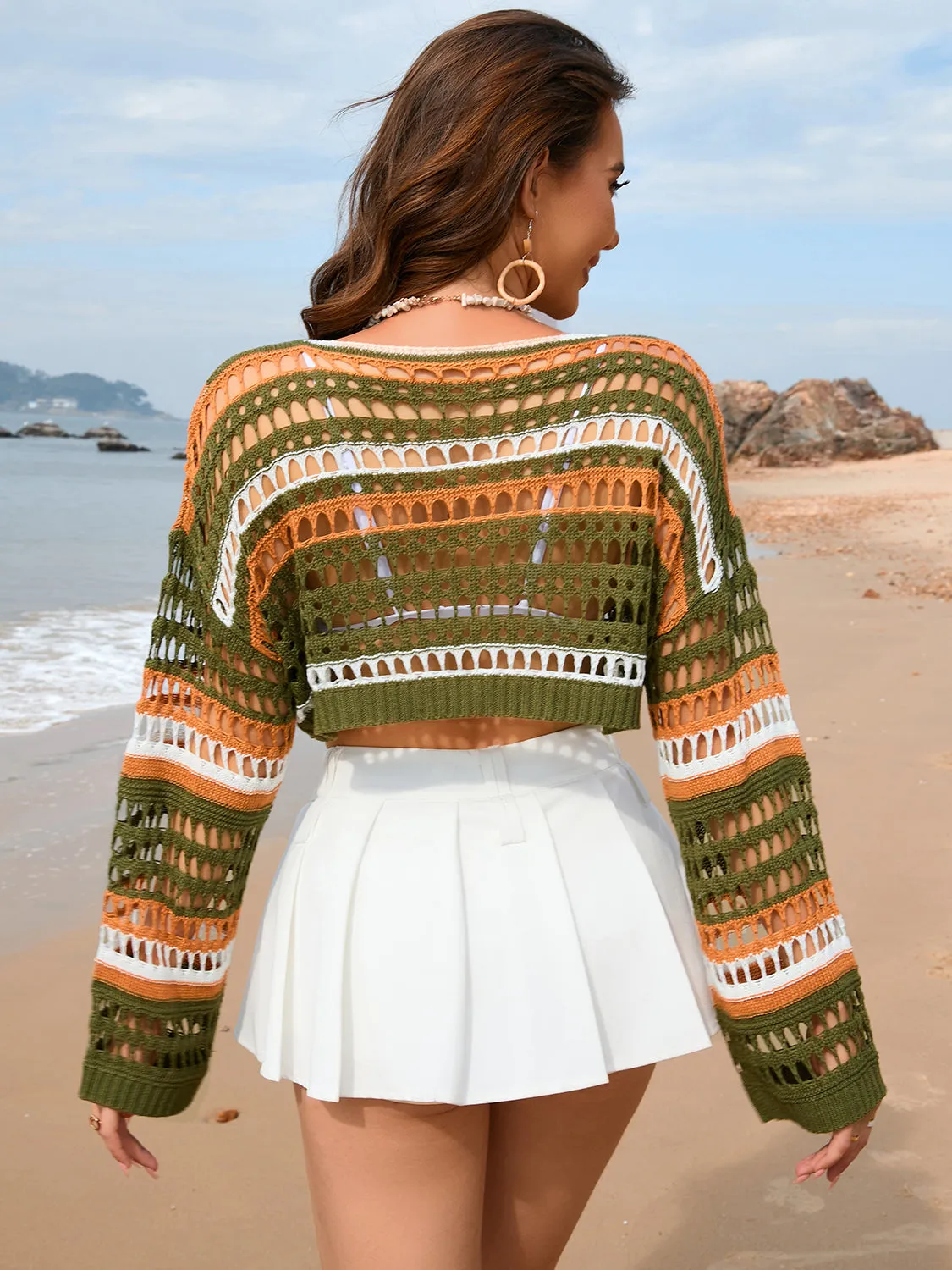 Hazel Blues® |  Openwork Boat Neck Dropped Shoulder Cover-Up