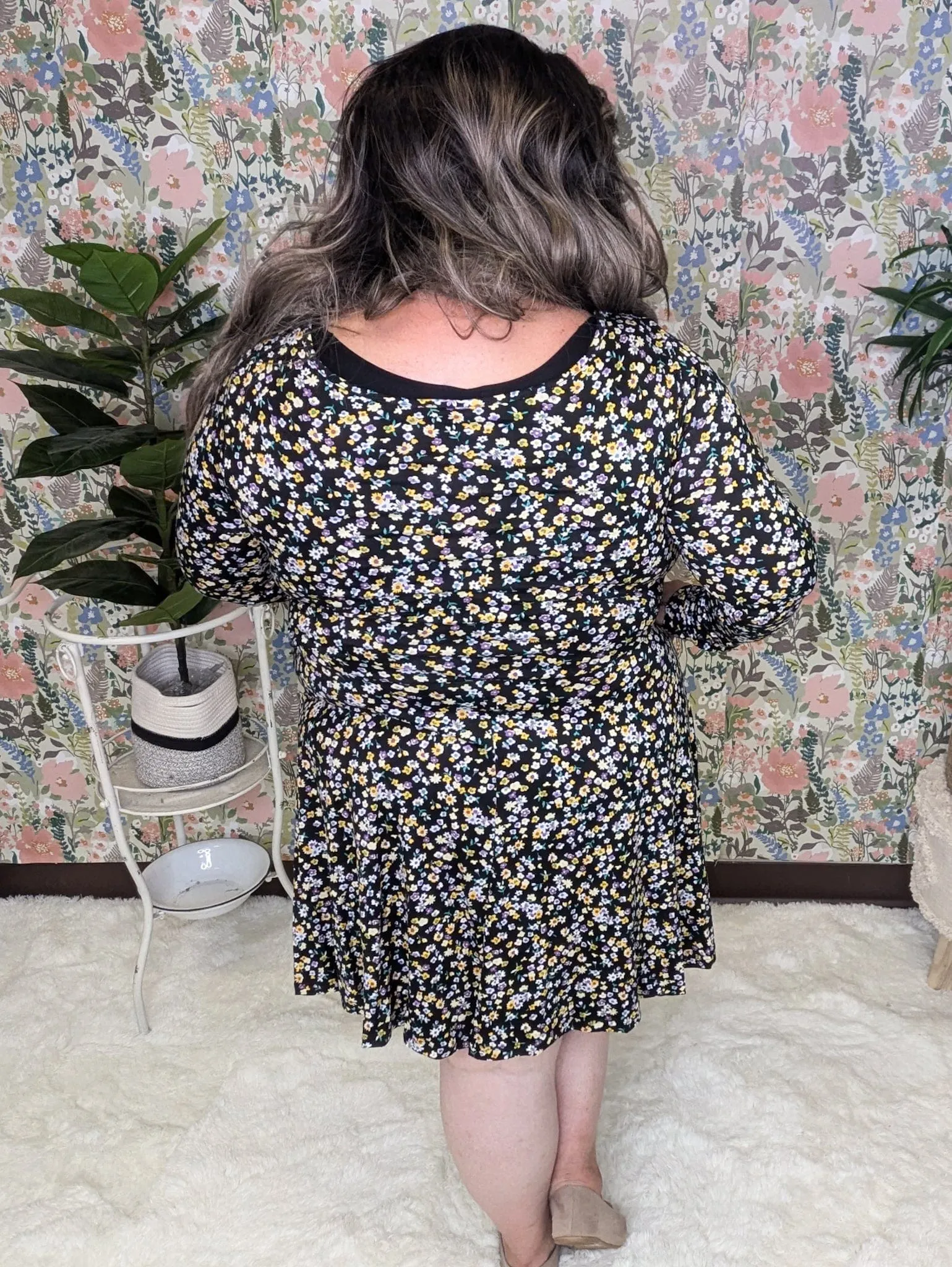 Linda Long Sleeve Dress w/Short in Black Floral