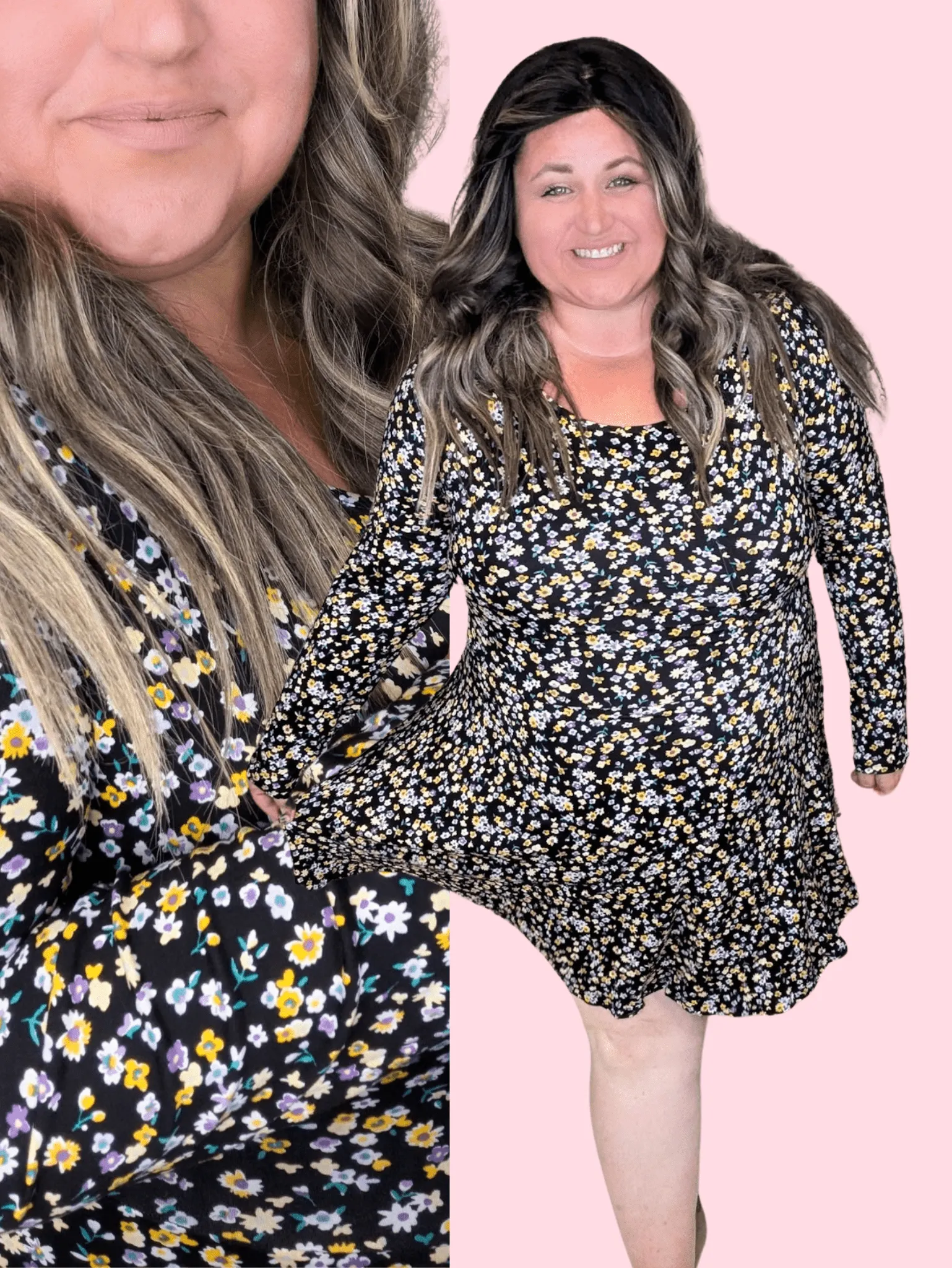 Linda Long Sleeve Dress w/Short in Black Floral