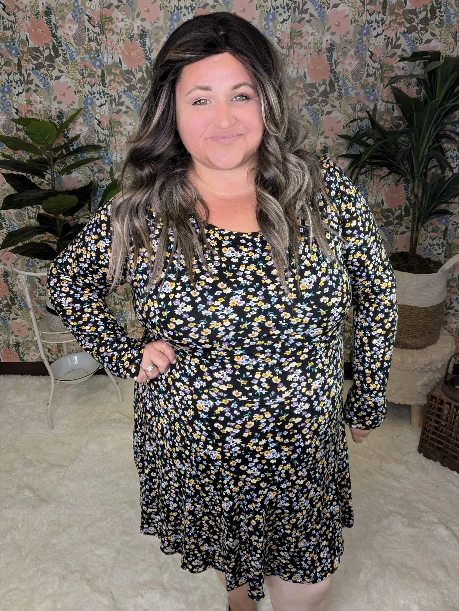 Linda Long Sleeve Dress w/Short in Black Floral