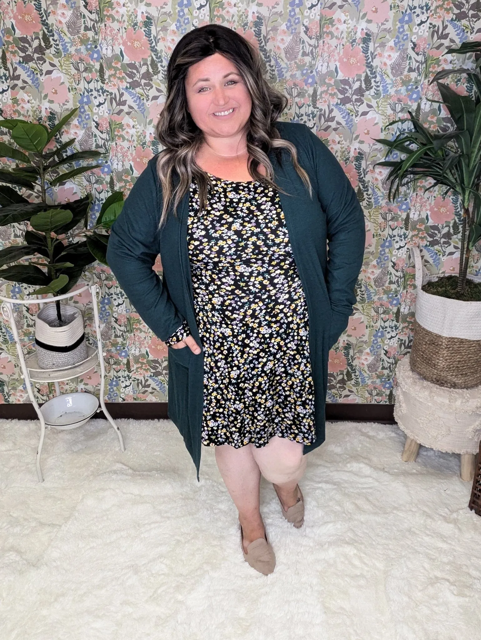Linda Long Sleeve Dress w/Short in Black Floral