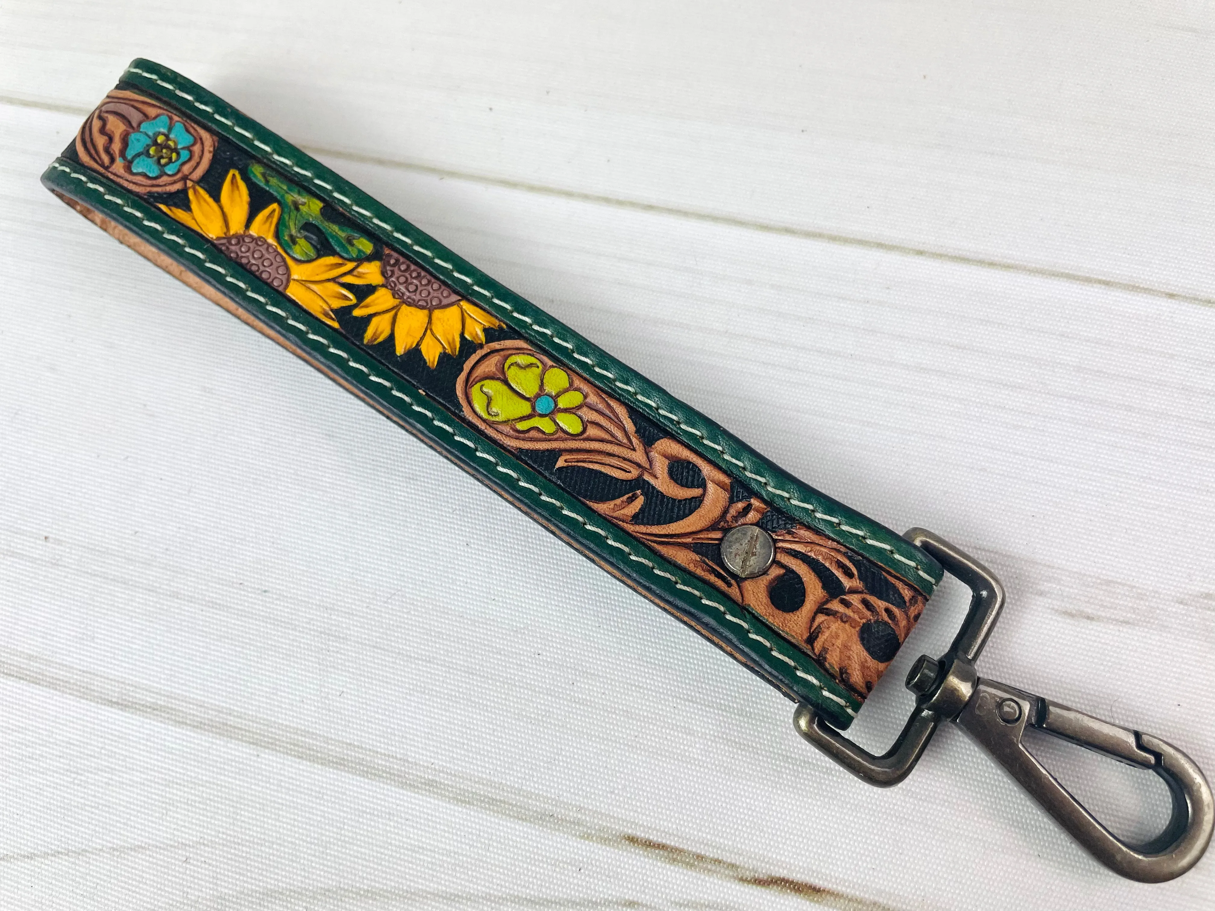 Paisley Green Border Sunflower Tooled Wristlet Leather Keychain