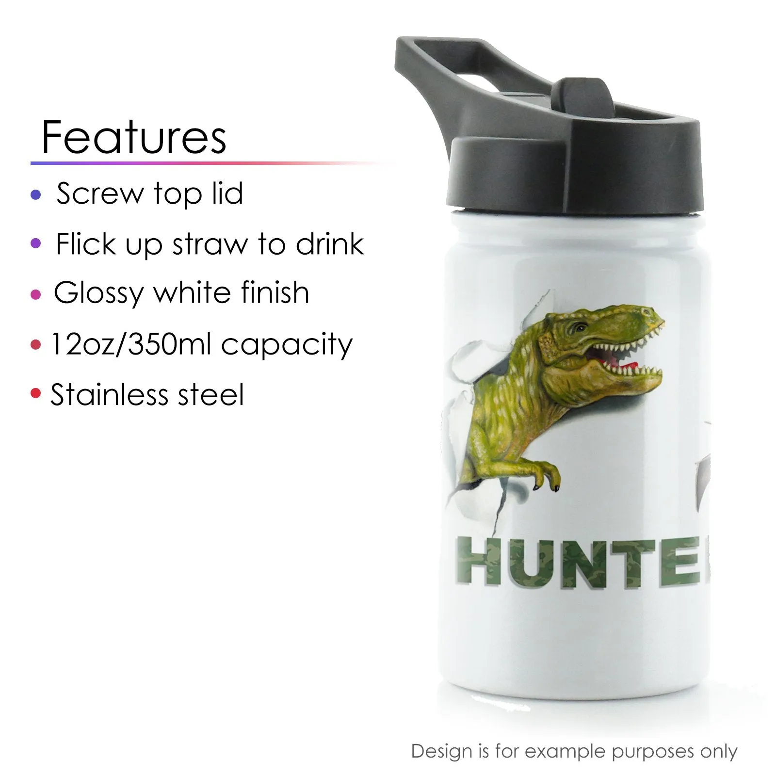 Personalised Shell Stegosaurus and Name White Sports Flask