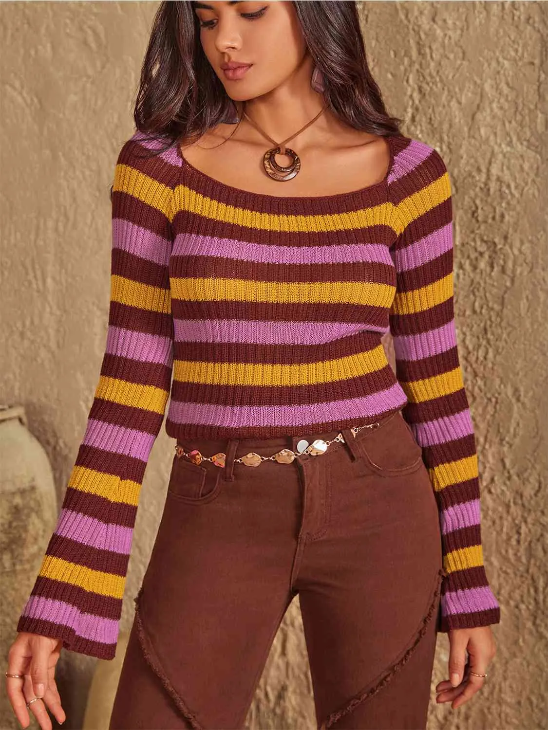 Raleigh Striped Boat Neck Flare Sleeve Knit Top