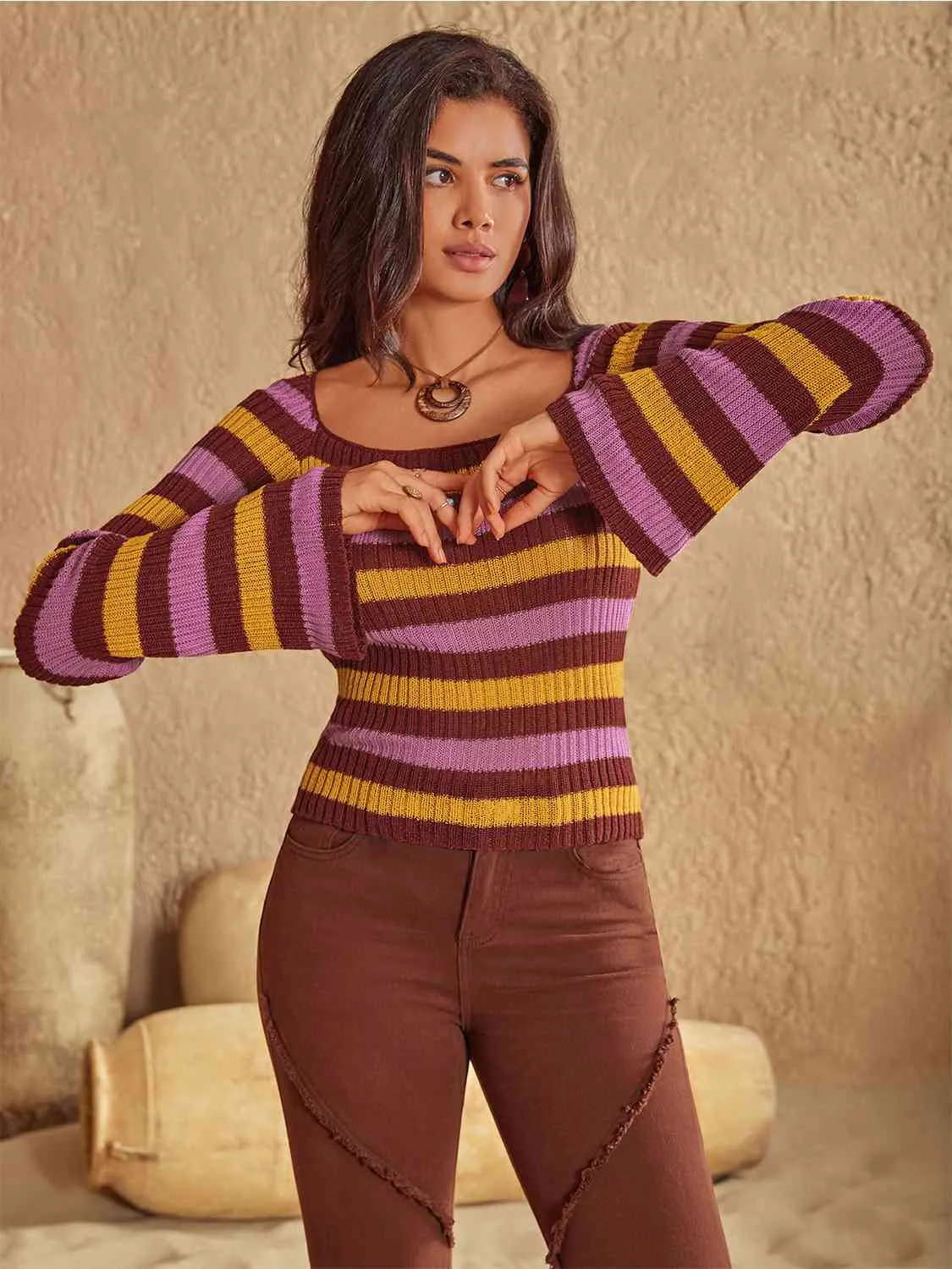 Raleigh Striped Boat Neck Flare Sleeve Knit Top