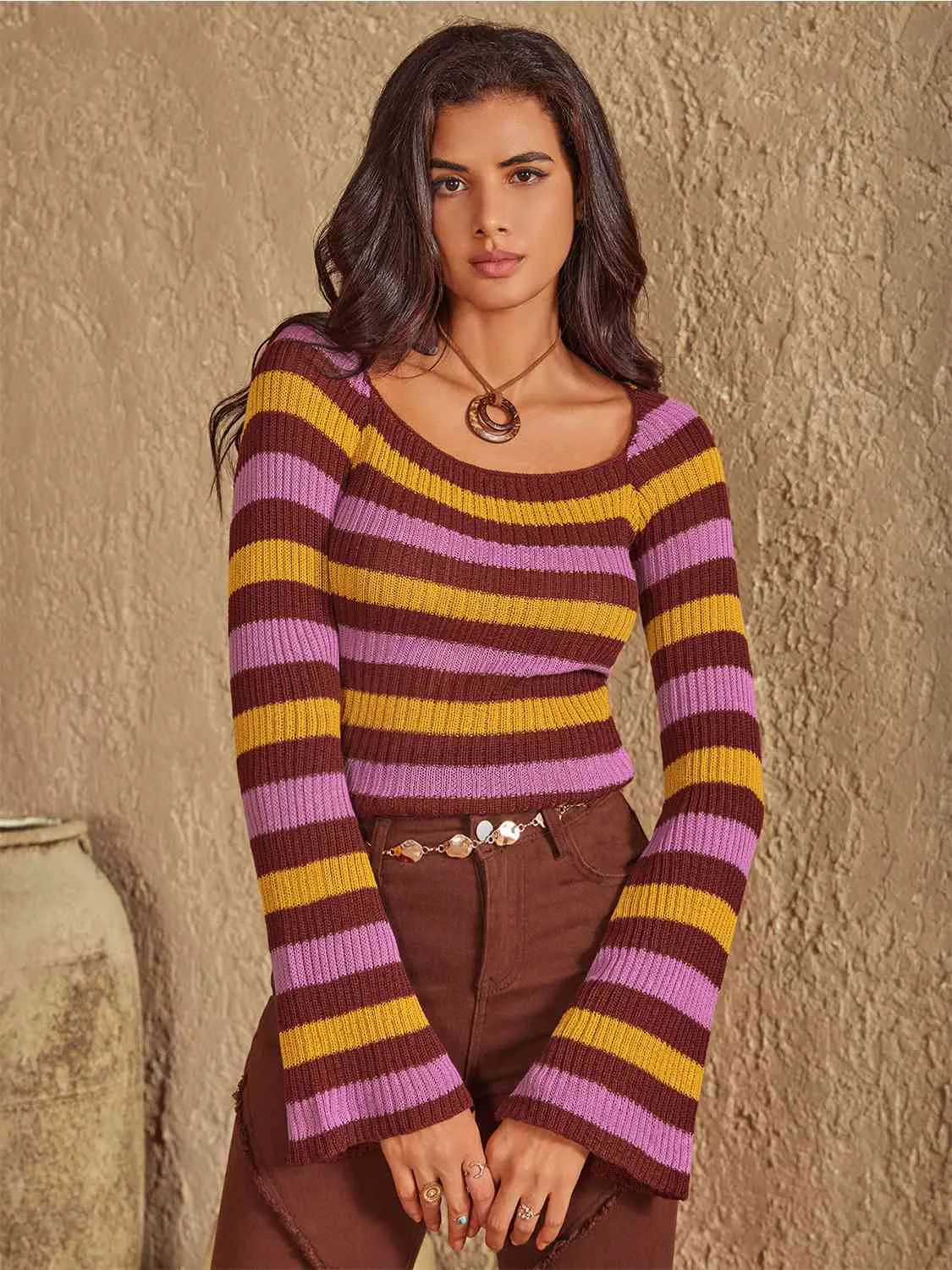 Raleigh Striped Boat Neck Flare Sleeve Knit Top