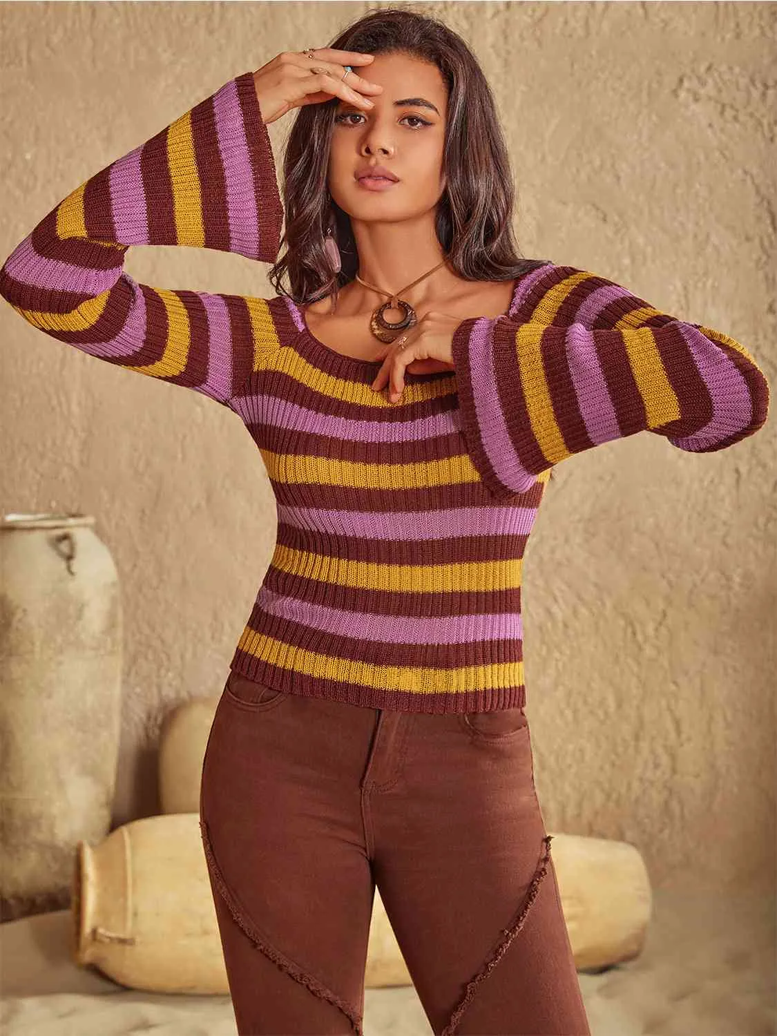 Raleigh Striped Boat Neck Flare Sleeve Knit Top