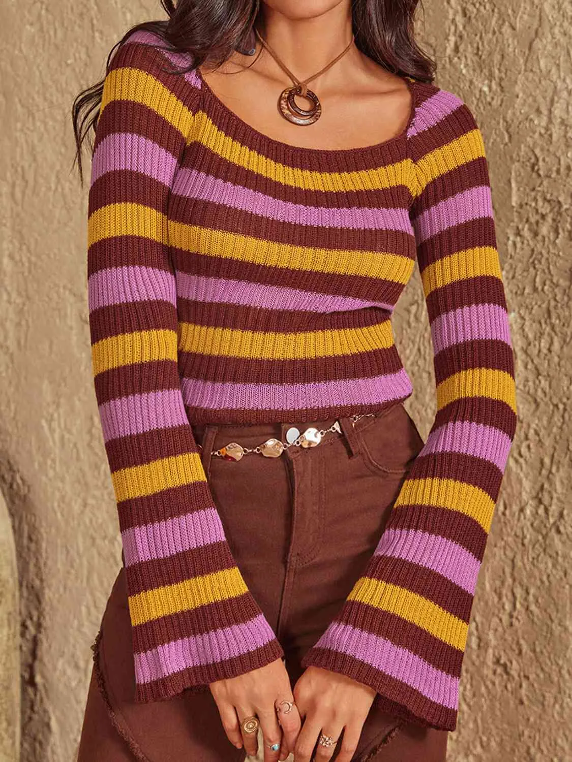 Raleigh Striped Boat Neck Flare Sleeve Knit Top