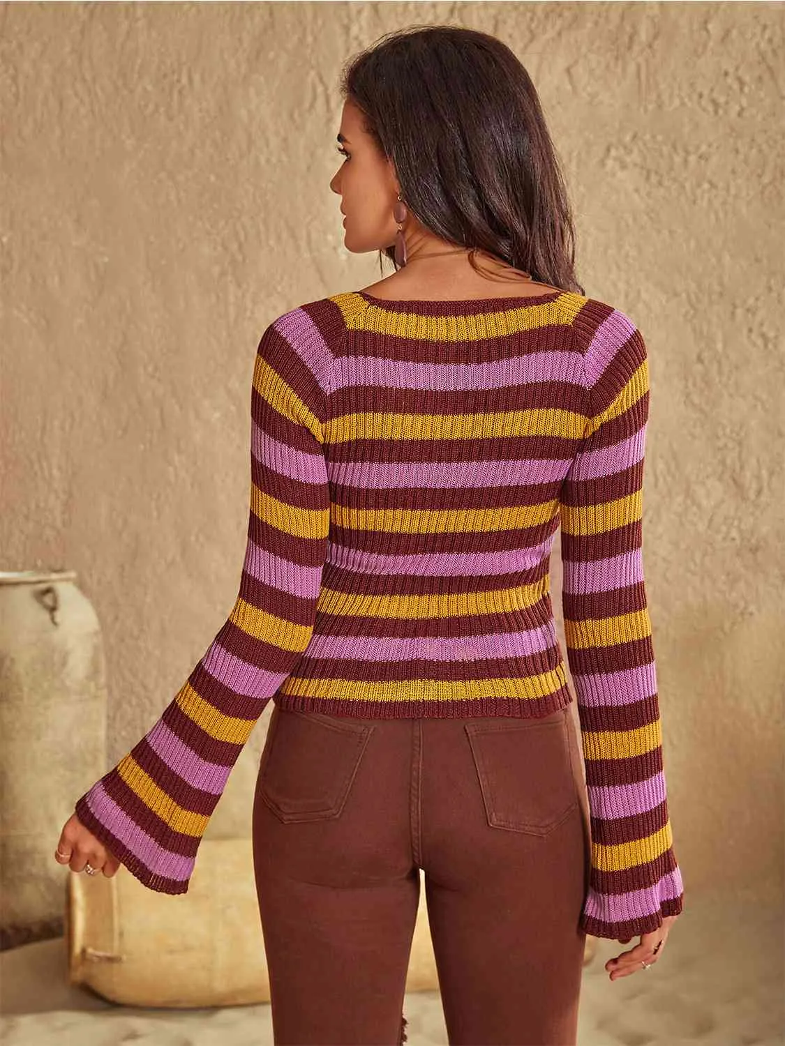 Raleigh Striped Boat Neck Flare Sleeve Knit Top
