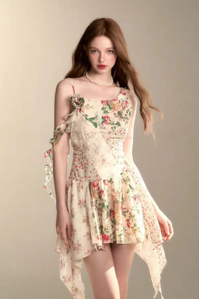 Vintage Patchwork Floral Handkerchief Hem Dress