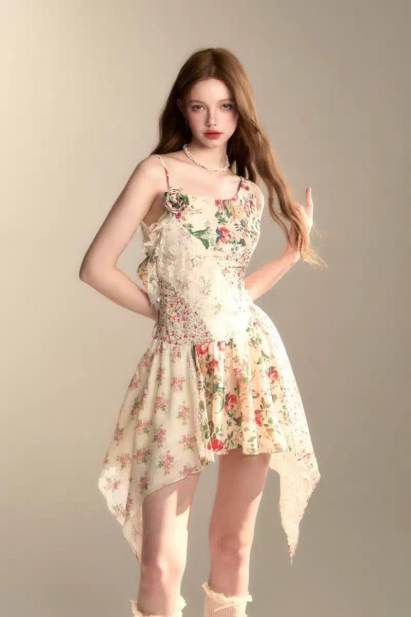 Vintage Patchwork Floral Handkerchief Hem Dress
