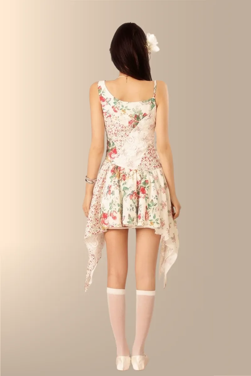 Vintage Patchwork Floral Handkerchief Hem Dress