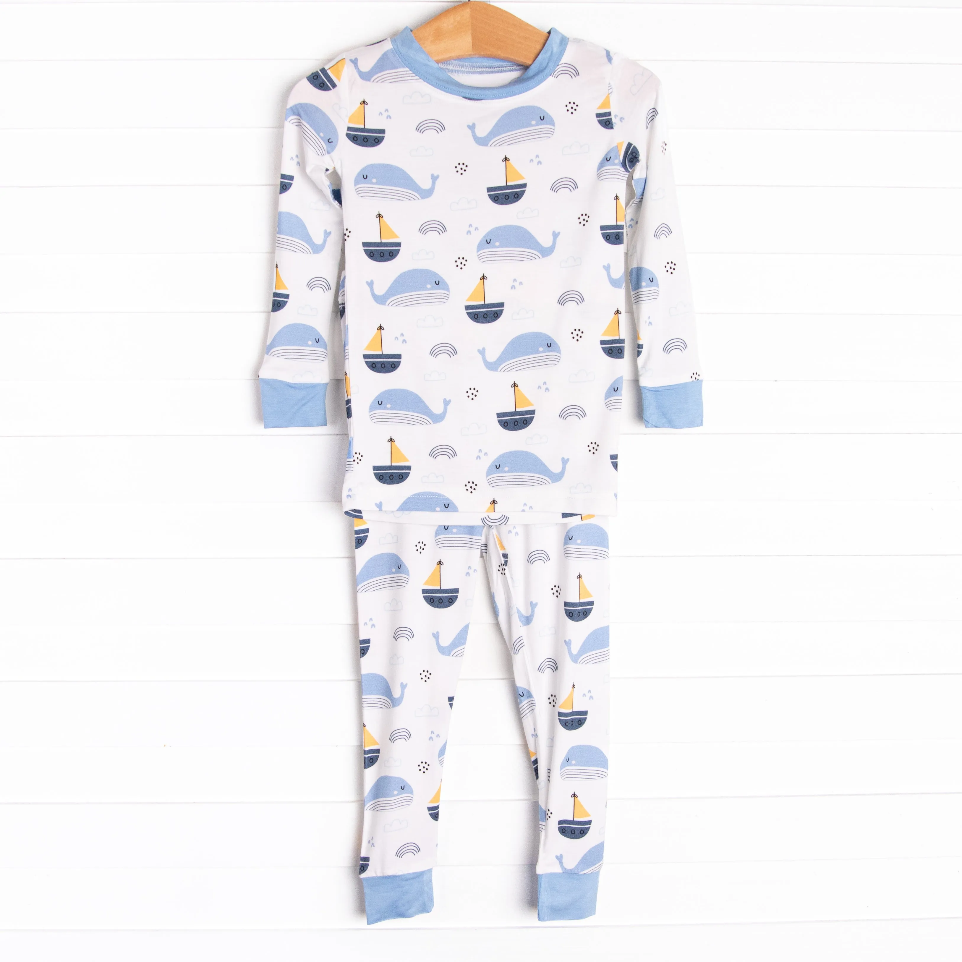 Whales and Sails Bamboo Pajama Set, Blue