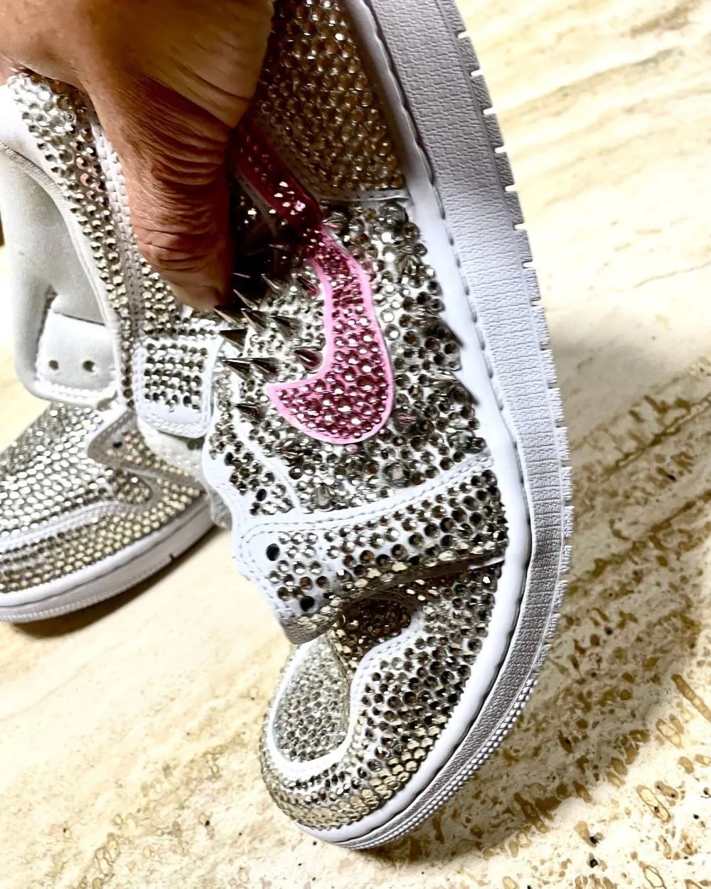 White-Pink Rhinestones Custom Air Jordan 1 x Wedding Sneaker