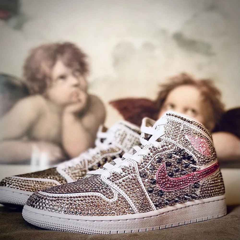 White-Pink Rhinestones Custom Air Jordan 1 x Wedding Sneaker