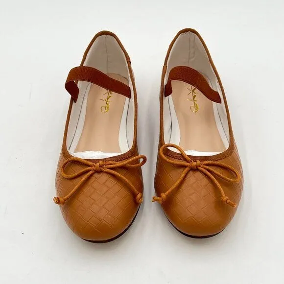 XYD Tan Woven Girls Ballet Flats Slip On Almond Toe Elastic Single Strap Shoes