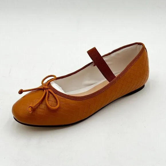 XYD Tan Woven Girls Ballet Flats Slip On Almond Toe Elastic Single Strap Shoes