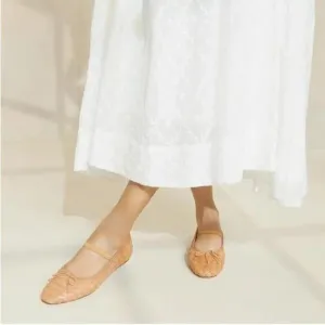 XYD Tan Woven Girls Ballet Flats Slip On Almond Toe Elastic Single Strap Shoes